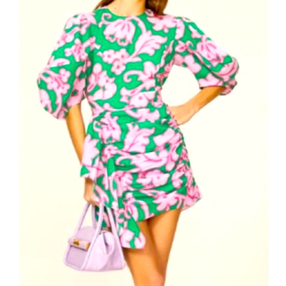 Rhode Size Medium Pia Mini Sheath Dress Green Cotton Floral Ruffle Puff Sleeves